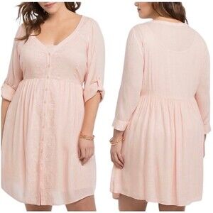 Torrid Embroidered Button Up Shirt Dress Roll Tab Sleeves Size 1 Flowy Casual